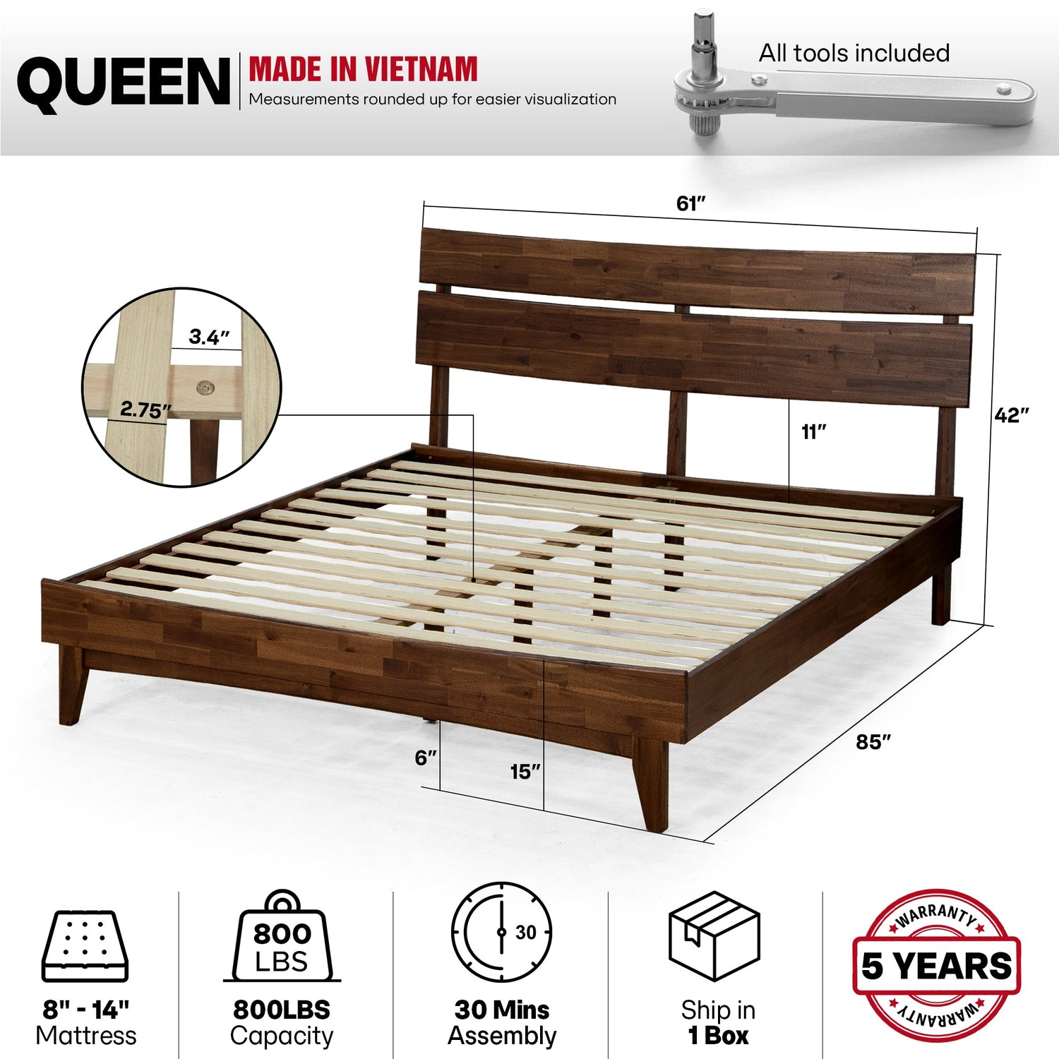 Aurora Acacia Solid Wood Bed Frame - Mocha, Walnut, Caramel, Chocolate
