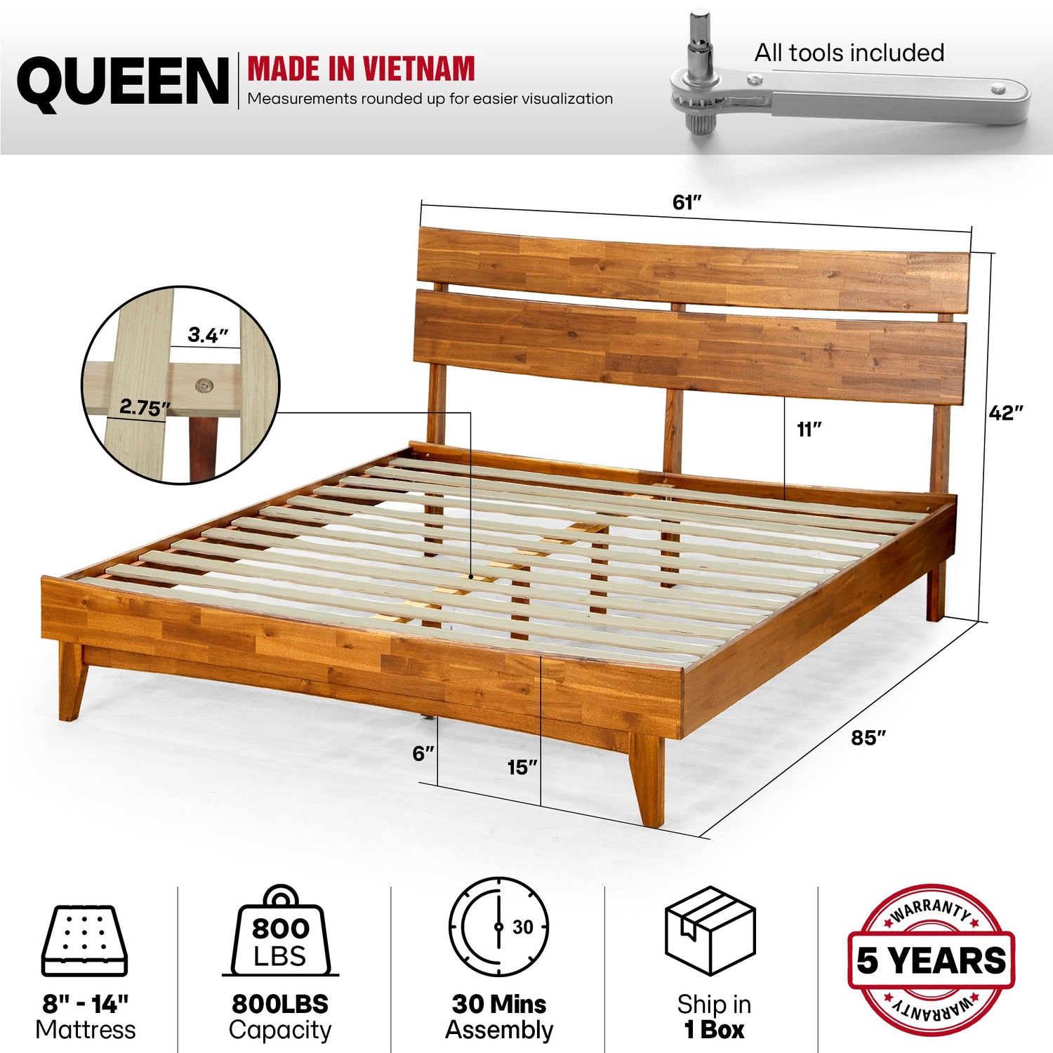 Aurora Acacia Solid Wood Bed Frame - Mocha, Walnut, Caramel, Chocolate