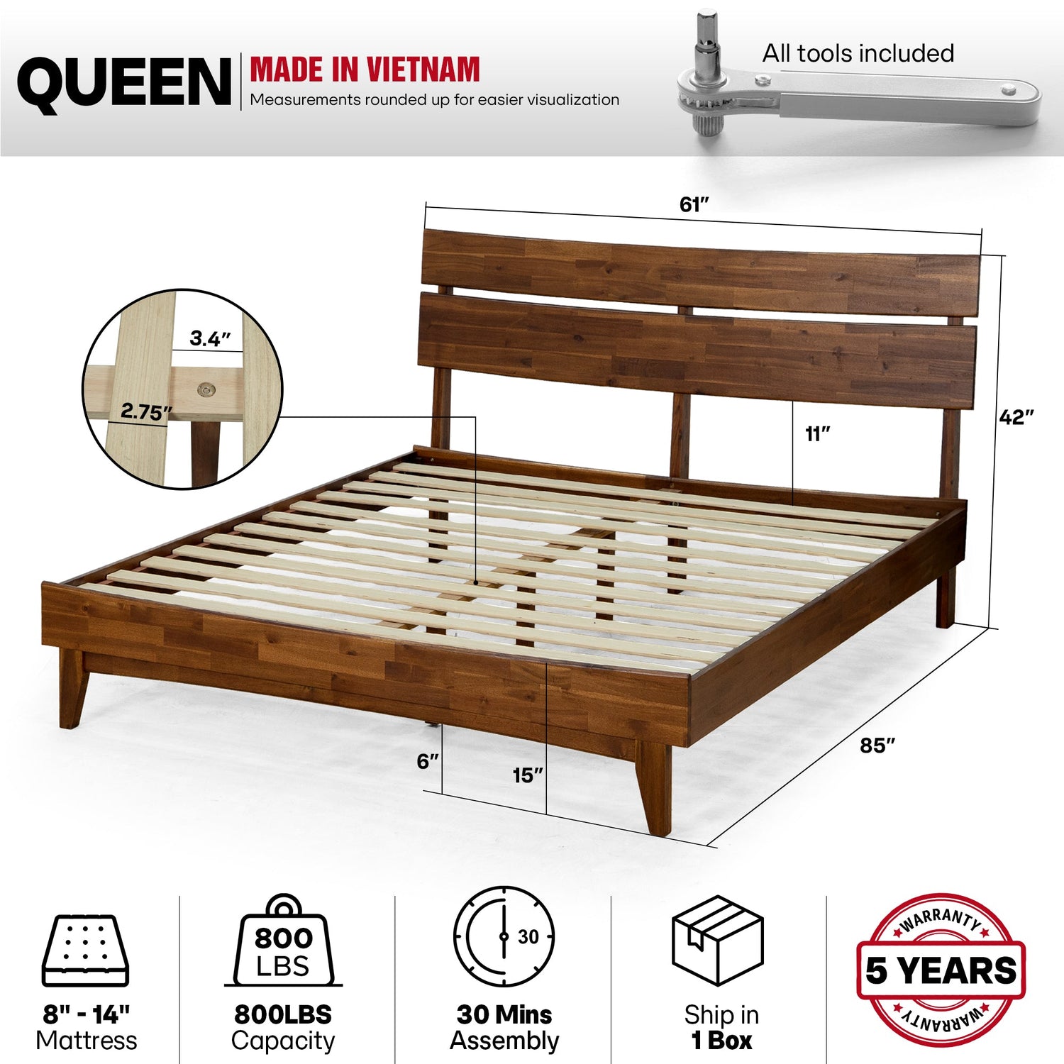 Aurora Acacia Solid Wood Bed Frame - Mocha, Walnut, Caramel, Chocolate