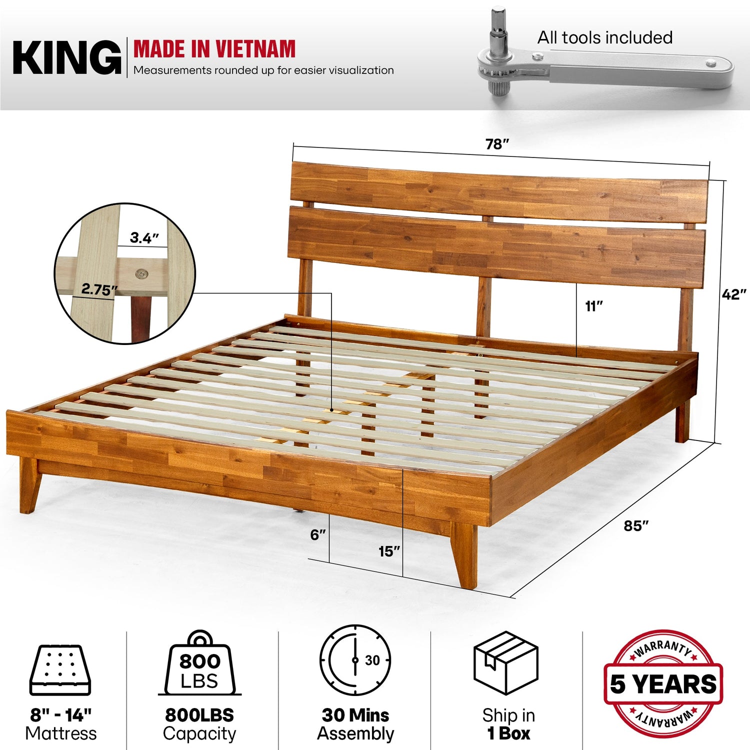 Aurora Acacia Solid Wood Bed Frame - Mocha, Walnut, Caramel, Chocolate