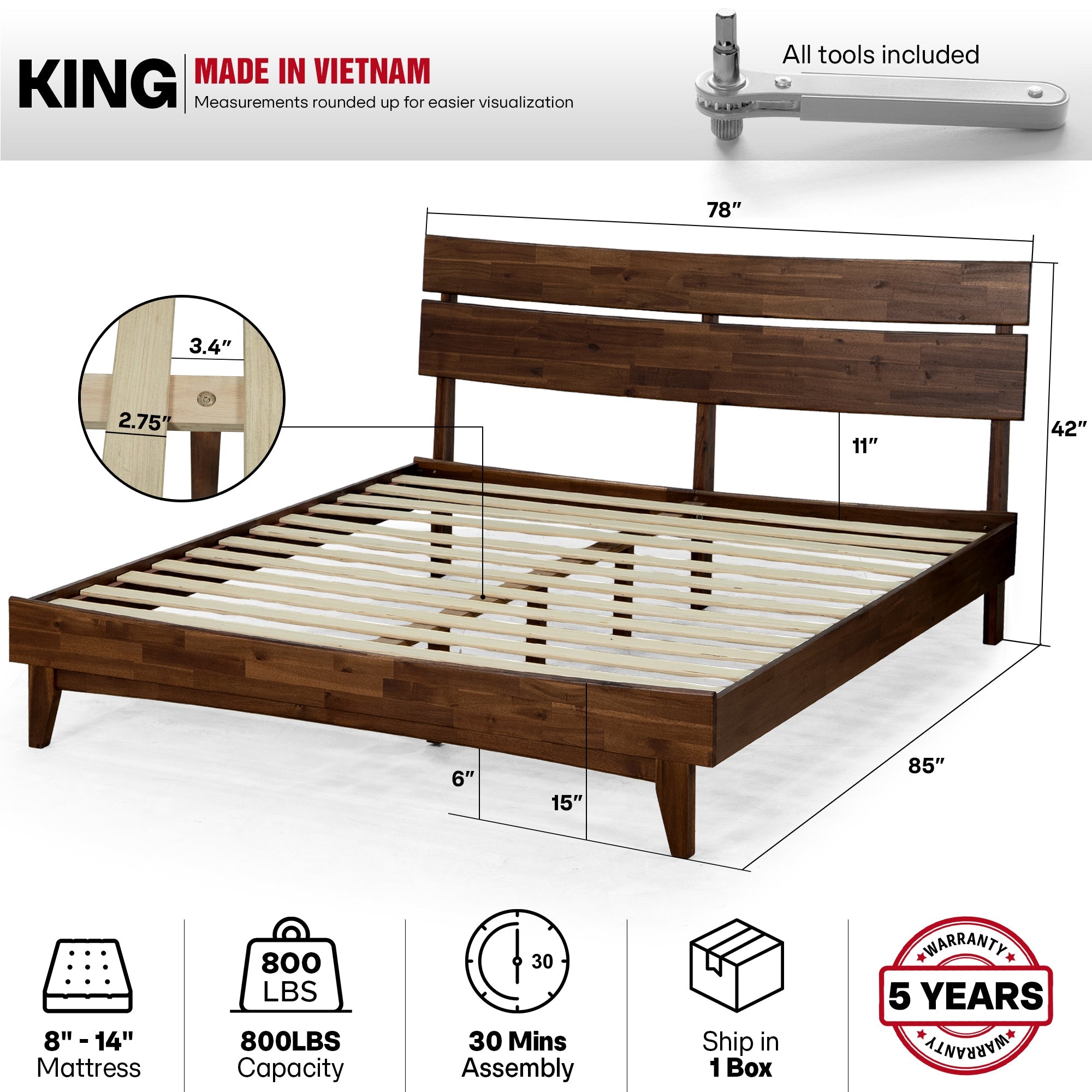 Aurora Acacia Solid Wood Bed Frame - Mocha, Walnut, Caramel, Chocolate