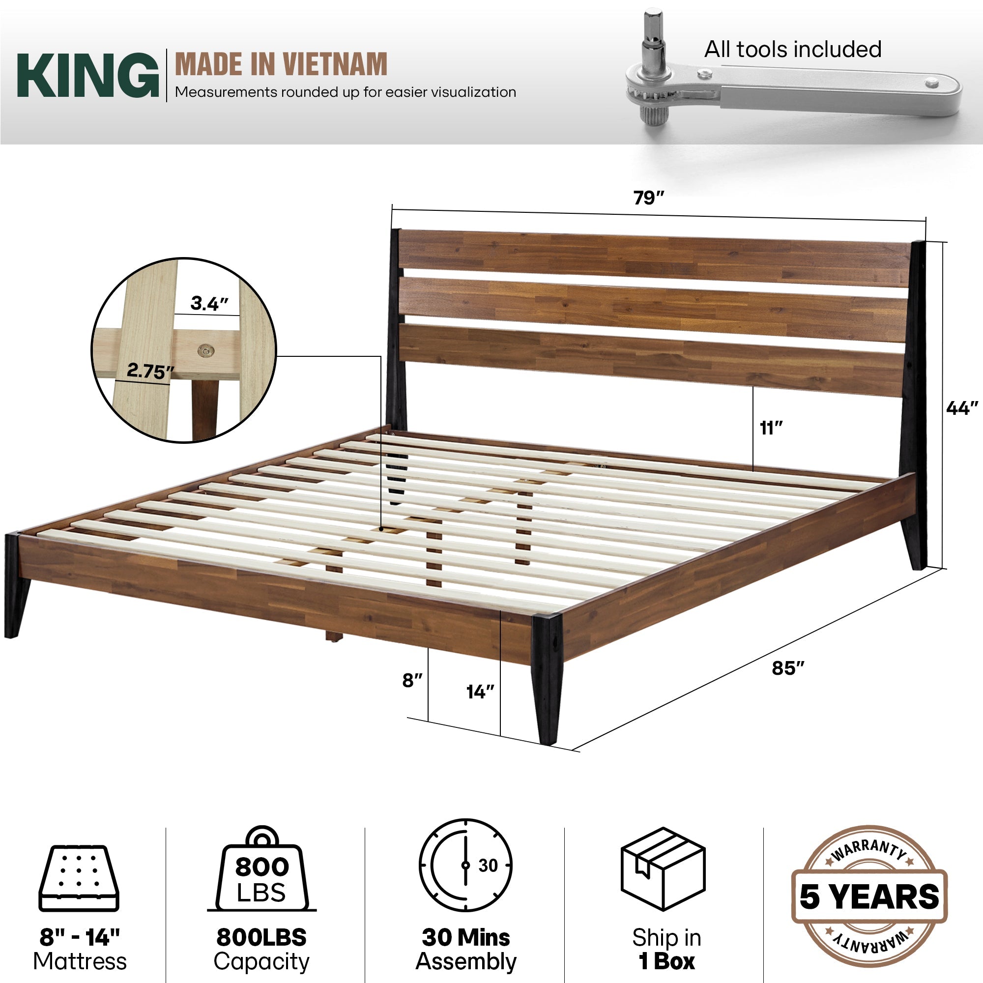 Emery Solid Acacia Wood Bed Frame - Multiple Finishes