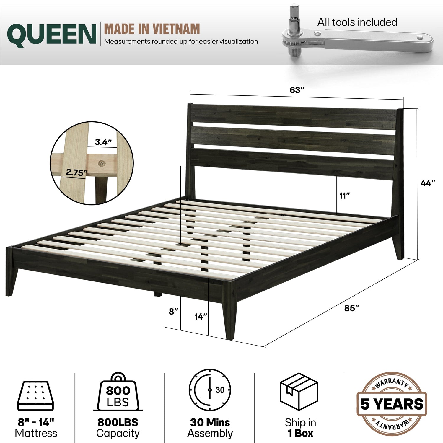 Emery Solid Acacia Wood Bed Frame - Multiple Finishes