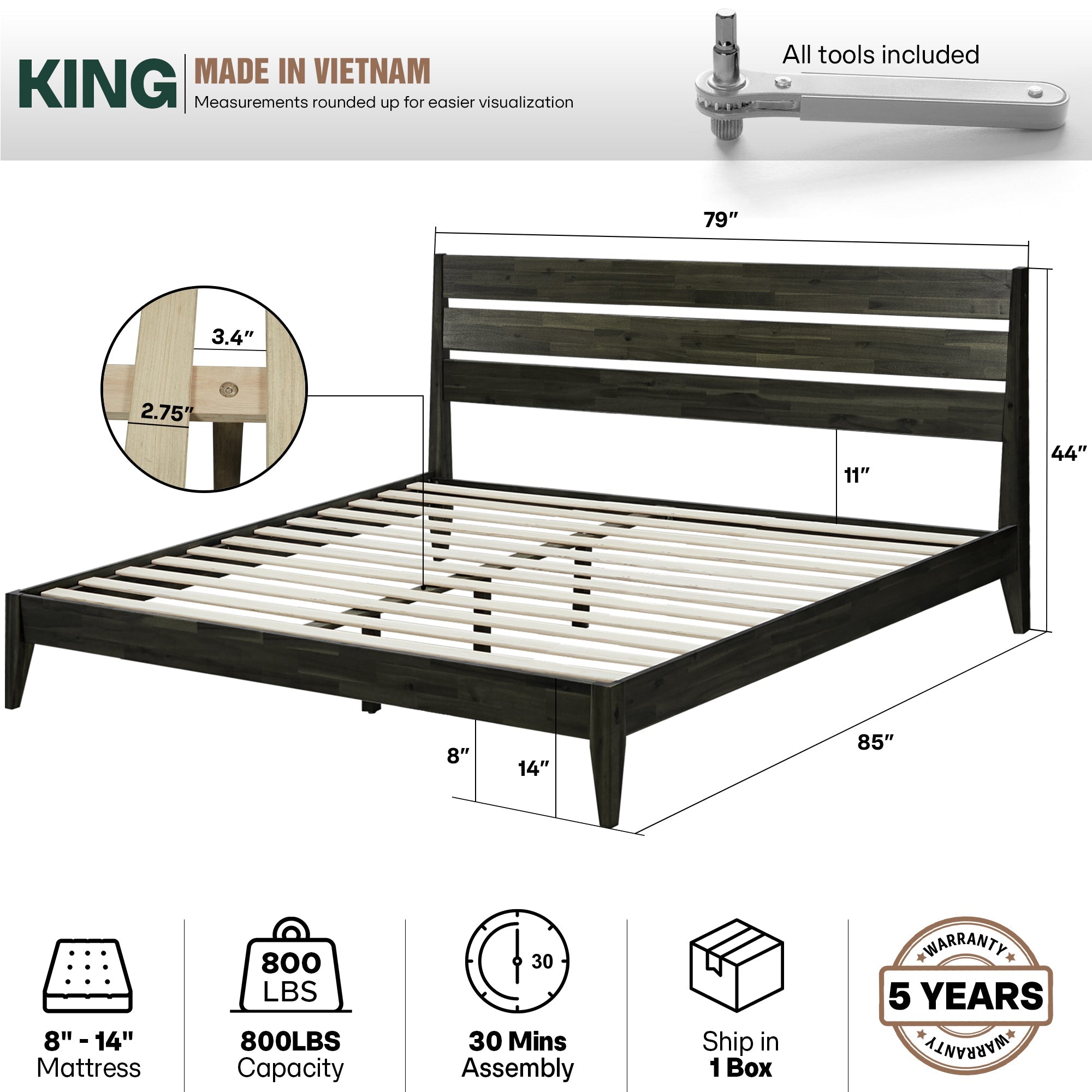 Emery Solid Acacia Wood Bed Frame - Multiple Finishes