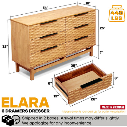 Elara Acacia Wood 6 Drawer Dresser - 3 Colors