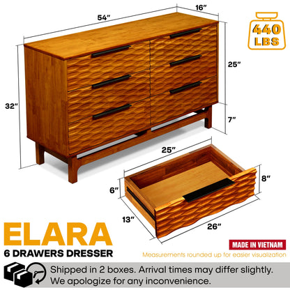 Elara Acacia Wood 6 Drawer Dresser - 3 Colors