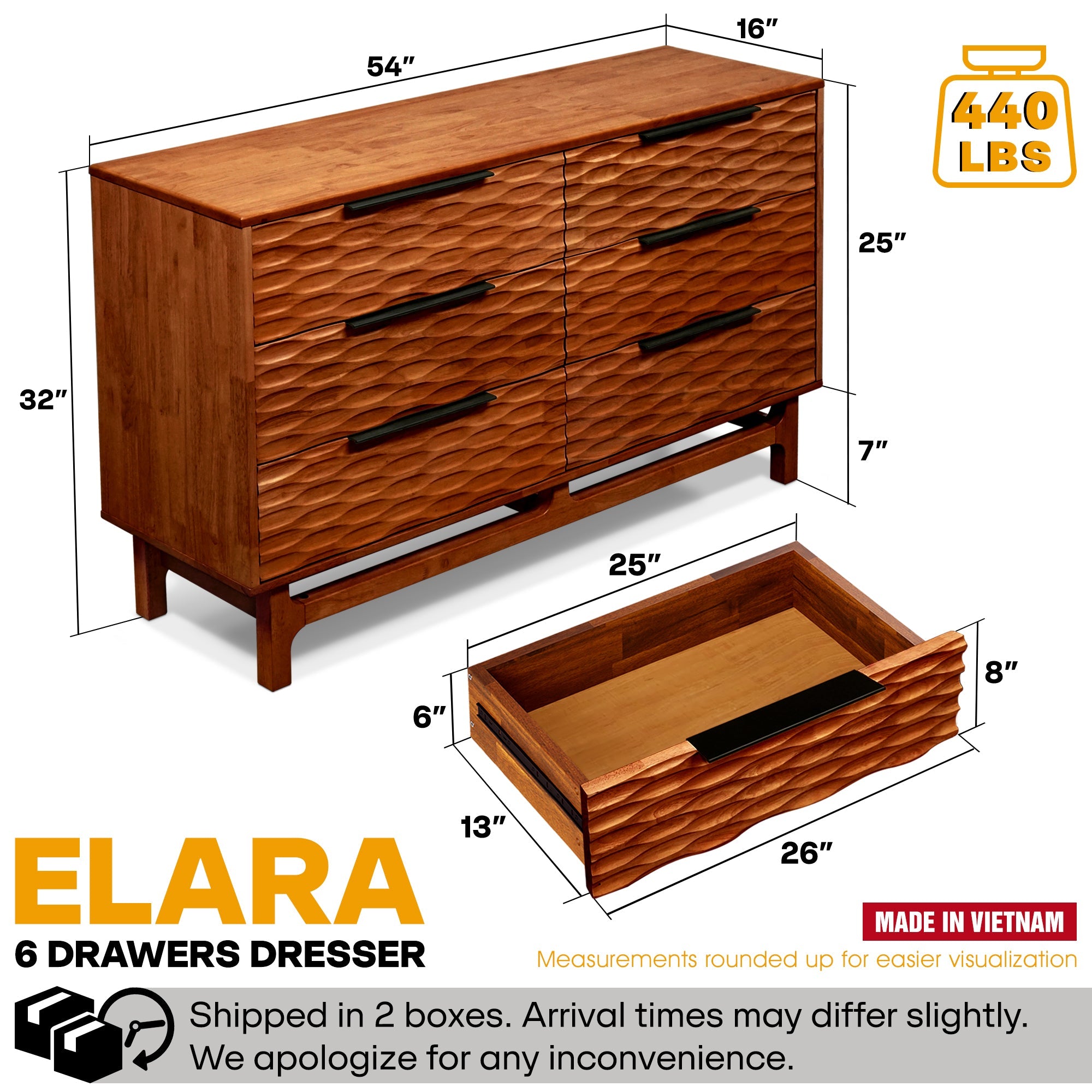 Elara Acacia Wood 6 Drawer Dresser - 3 Colors