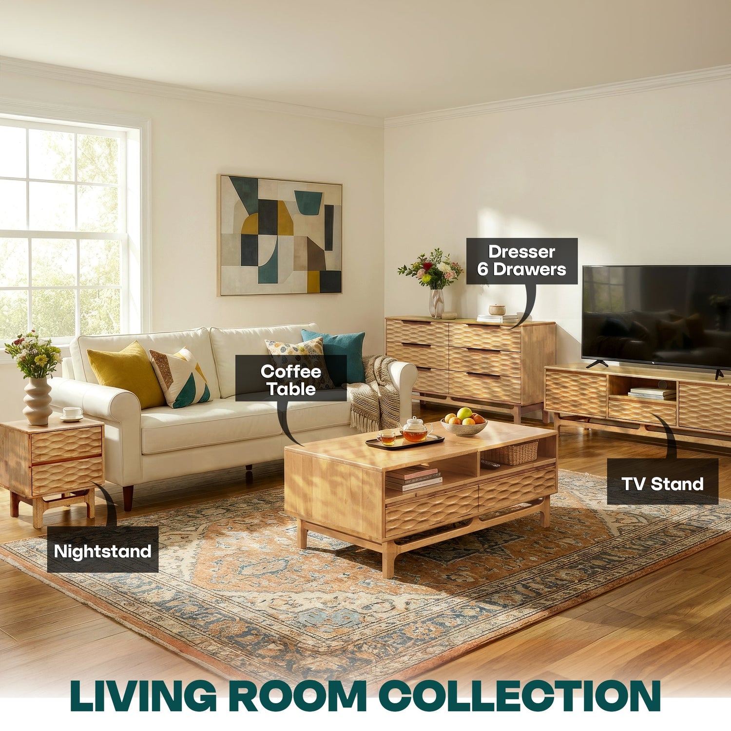 Elara 47.2” Acacia Coffee Table with Drawers &amp; Open Storage - 3 Colors