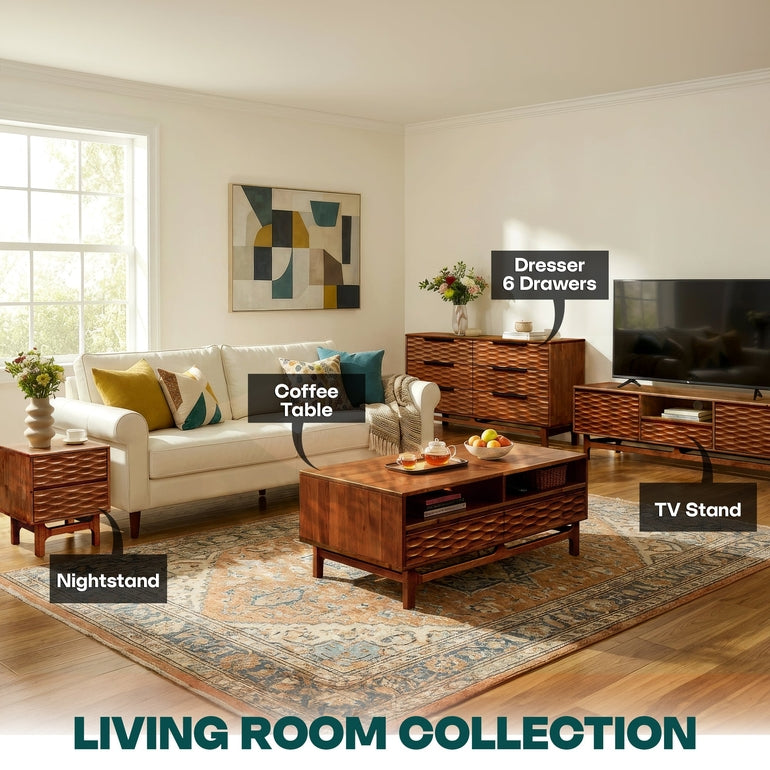 Elara 47.2” Acacia Coffee Table with Drawers &amp; Open Storage - 3 Colors