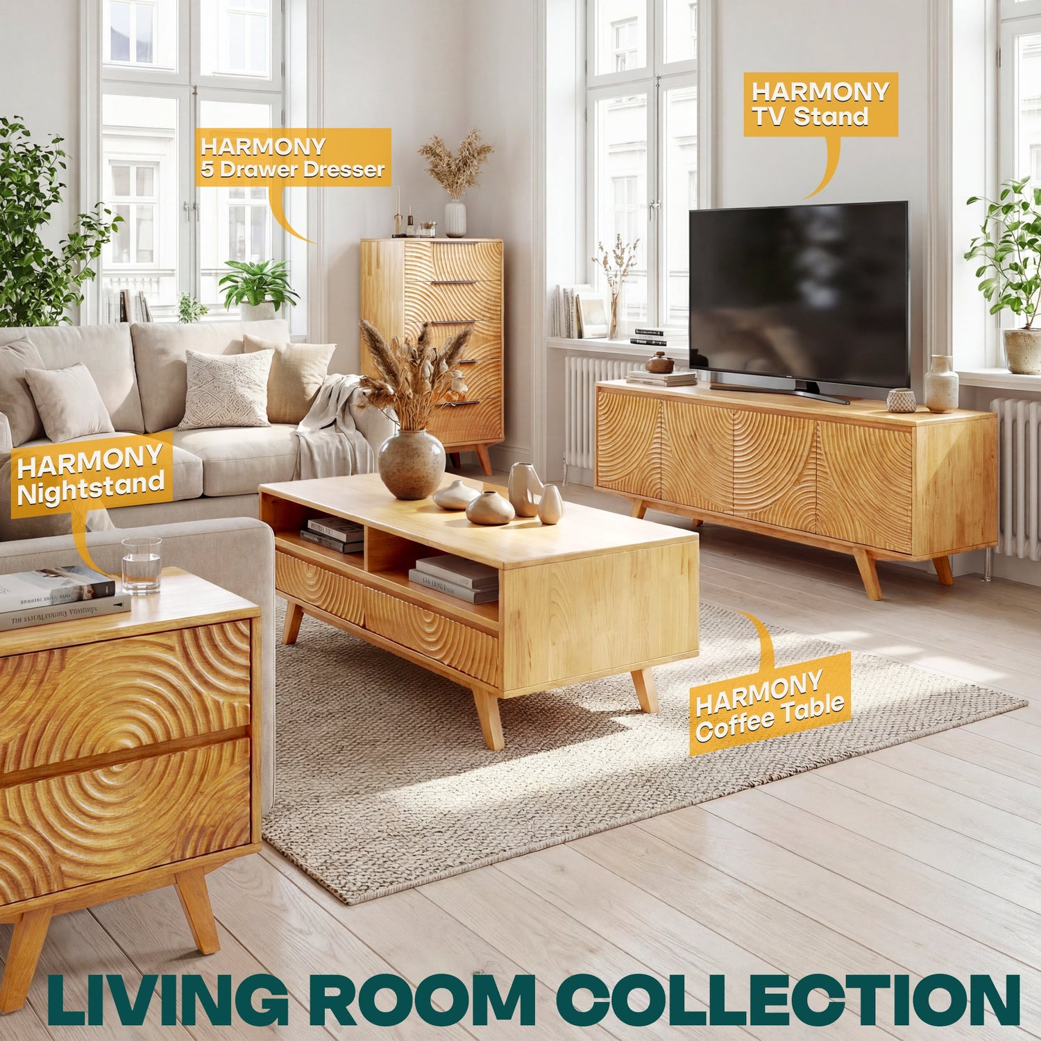 Harmony Solid Acacia Coffee Table with Drawers &amp; Open Storage - 3 Colors