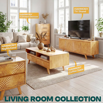 Harmony Solid Acacia Coffee Table with Drawers &amp; Open Storage - 3 Colors