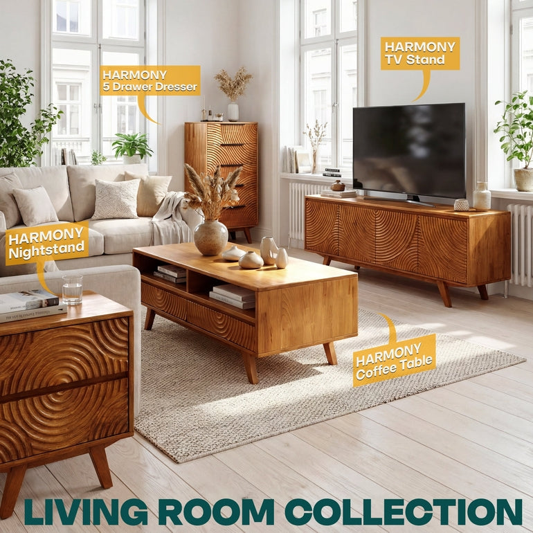 Harmony Solid Acacia Coffee Table with Drawers &amp; Open Storage - 3 Colors