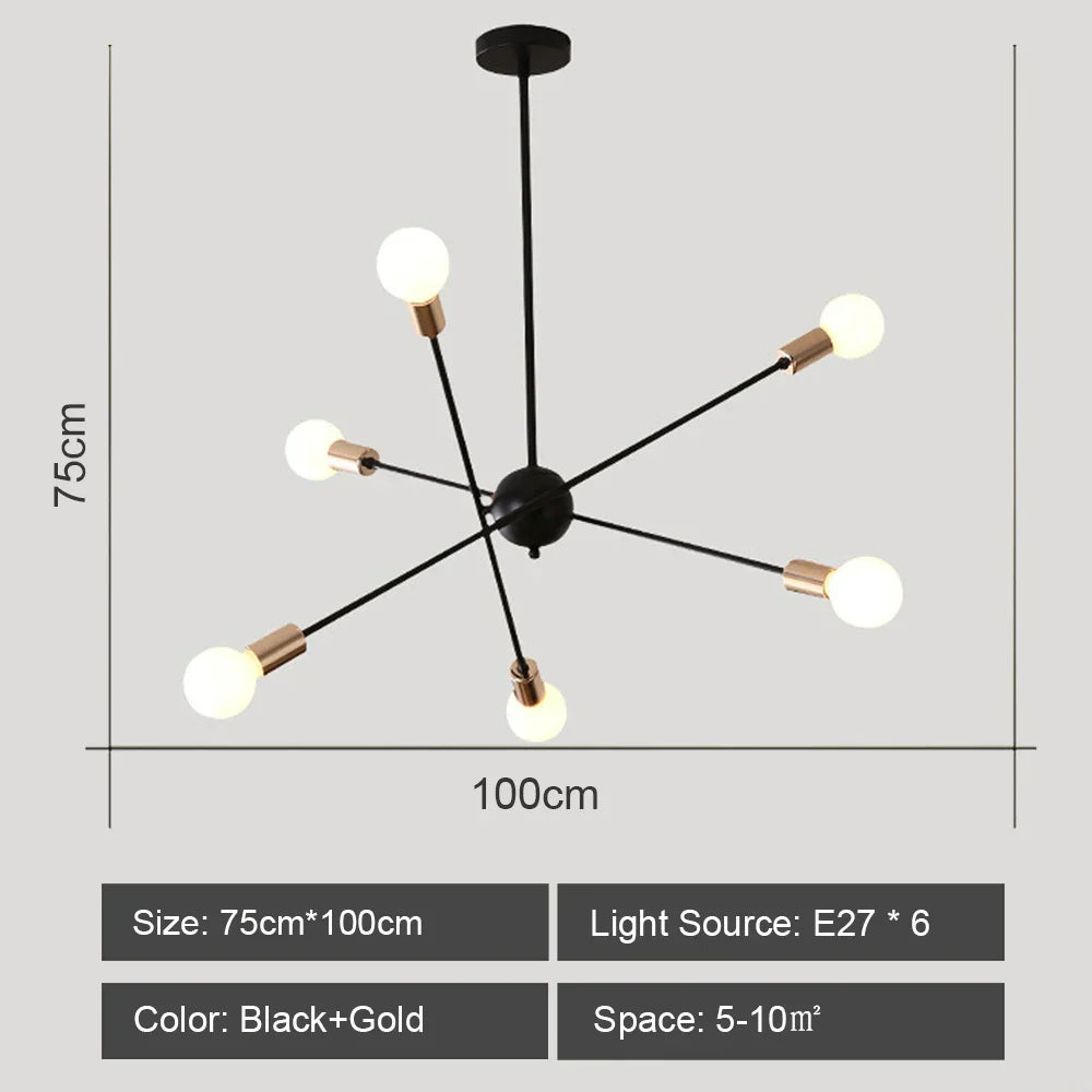 Modern Industrial Sputnik Style Chandelier - Black/White/Gold
