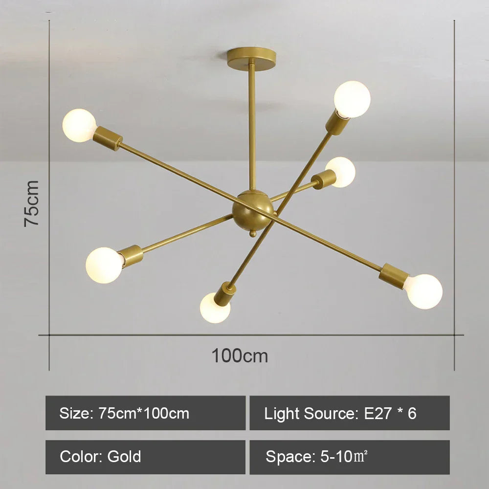 Modern Industrial Sputnik Style Chandelier - Black/White/Gold