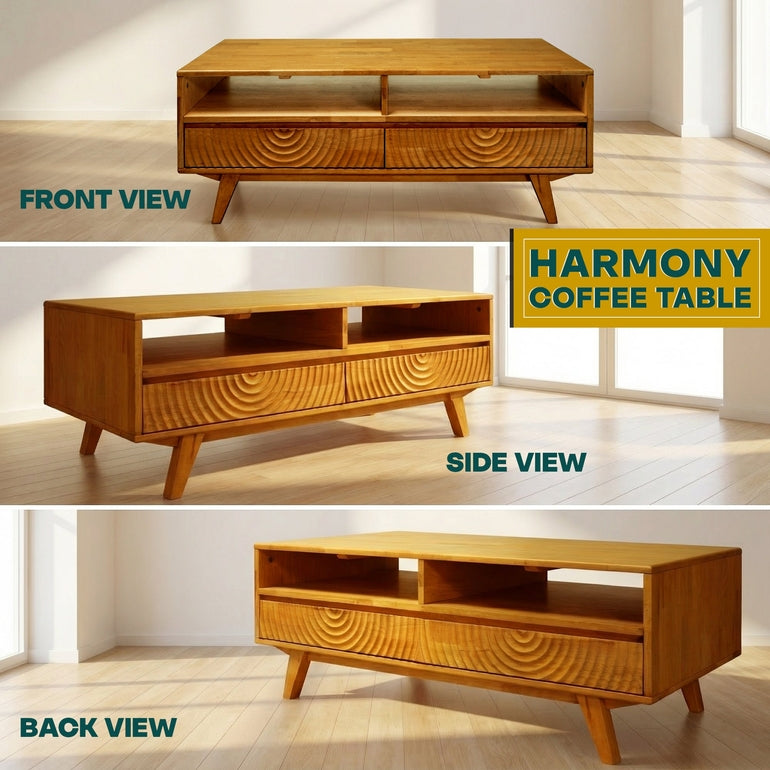 Harmony Solid Acacia Coffee Table with Drawers &amp; Open Storage - 3 Colors