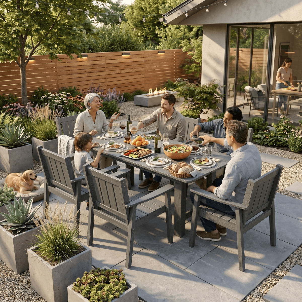 7-Piece HDPE Outdoor Dining Table and Chairs with Umbrella Hole - Multiple Sizes, 2 Colors