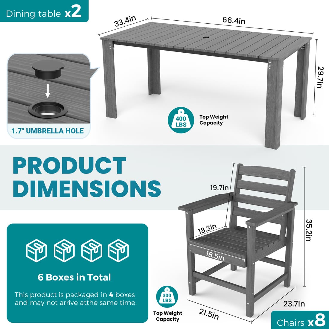 7-Piece HDPE Outdoor Dining Table and Chairs with Umbrella Hole - Multiple Sizes, 2 Colors