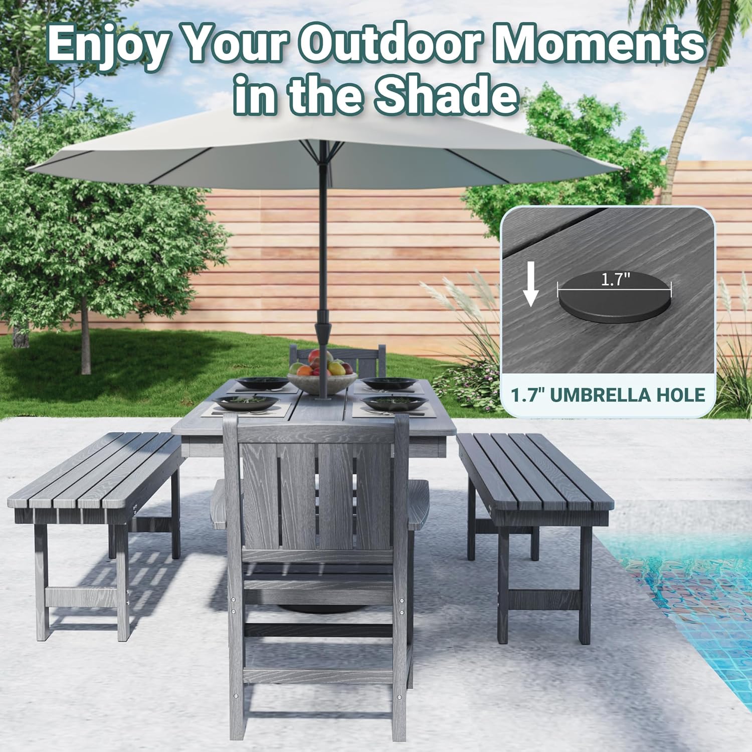 7-Piece HDPE Outdoor Dining Table and Chairs with Umbrella Hole - Multiple Sizes, 2 Colors