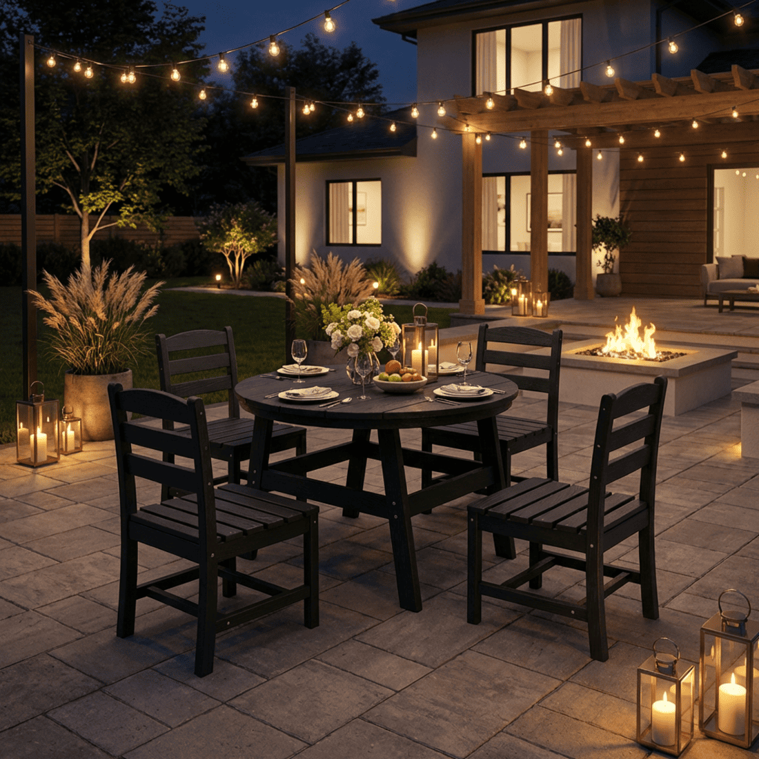 7-Piece HDPE Outdoor Dining Table and Chairs with Umbrella Hole - Multiple Sizes, 2 Colors