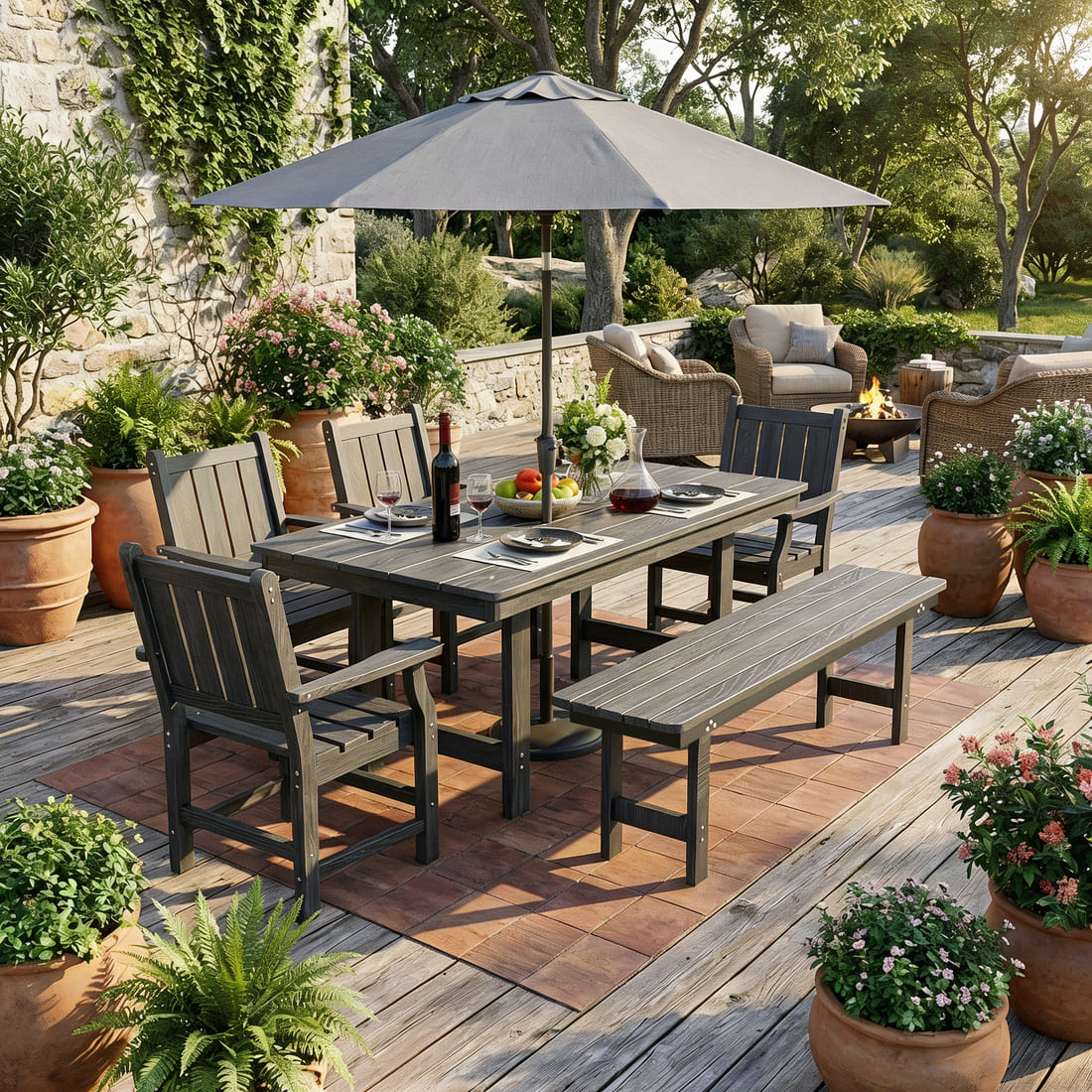 7-Piece HDPE Outdoor Dining Table and Chairs with Umbrella Hole - Multiple Sizes, 2 Colors