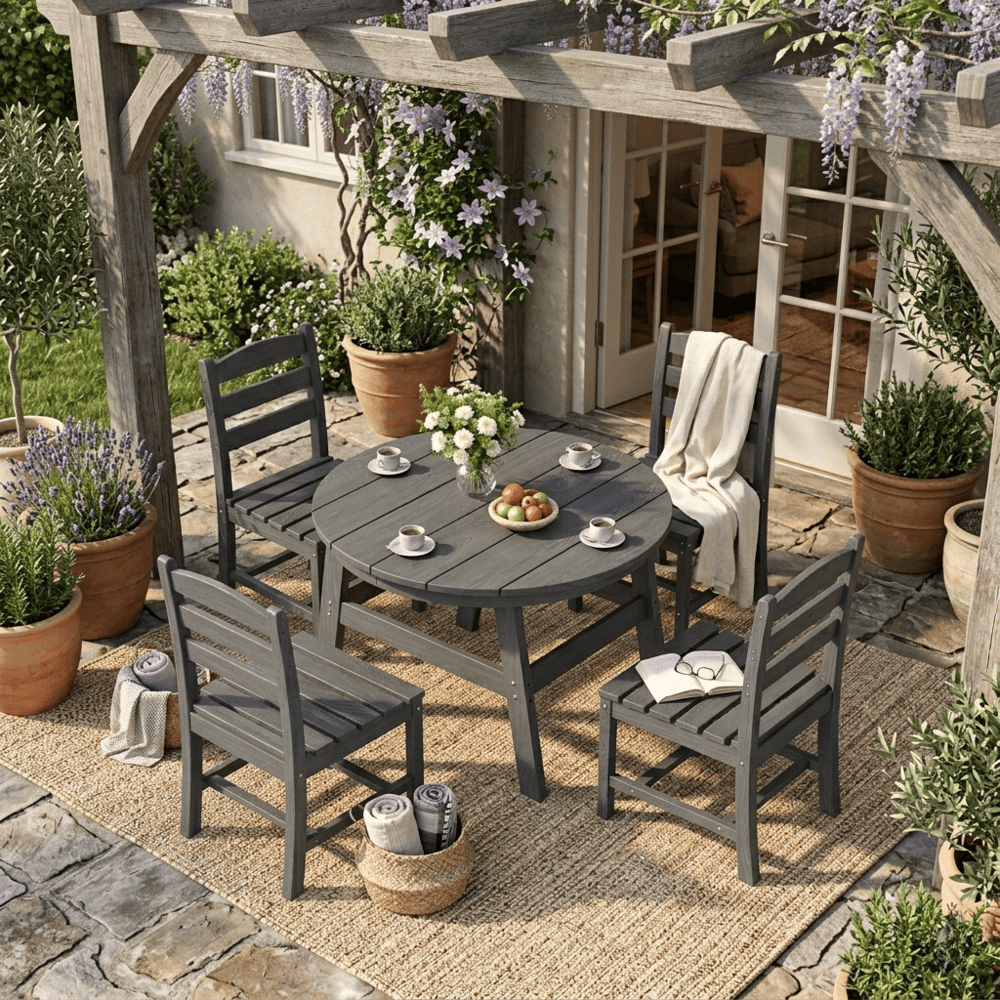 7-Piece HDPE Outdoor Dining Table and Chairs with Umbrella Hole - Multiple Sizes, 2 Colors