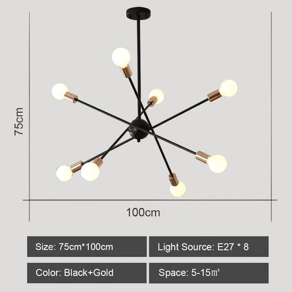 Modern Industrial Sputnik Style Chandelier - Black/White/Gold