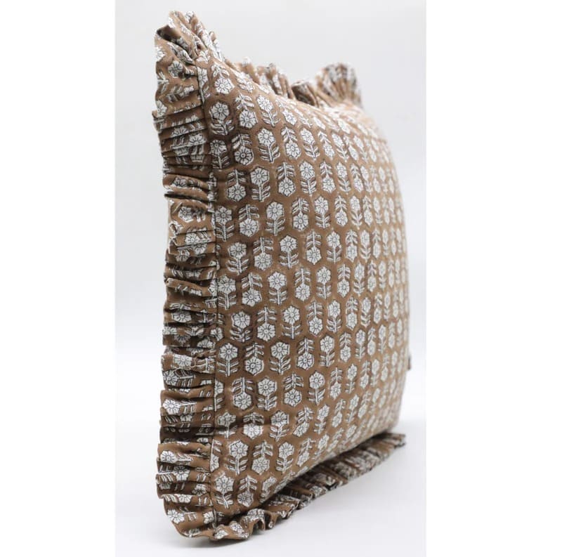 Block Printed Frill Pillow Cover - Tulsi Buti