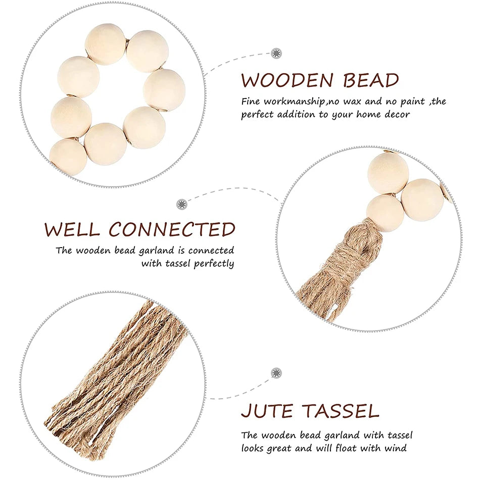 Natural Wood Bead Napkin Rings With Tassels - 6 Pc Set