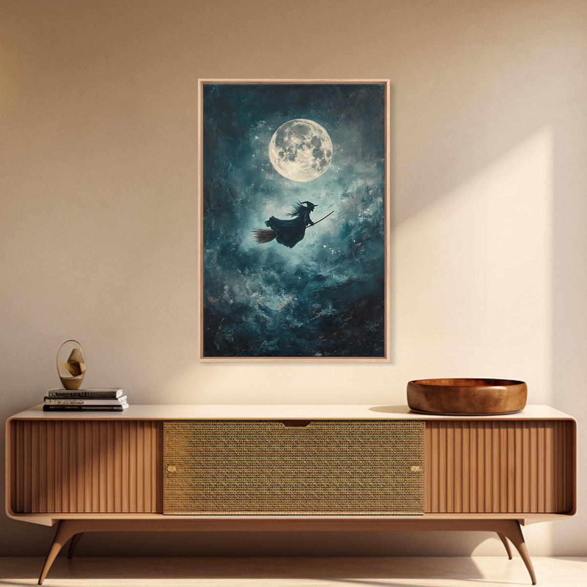 Witch Riding Under a Full Moon - Framed Canvas Print