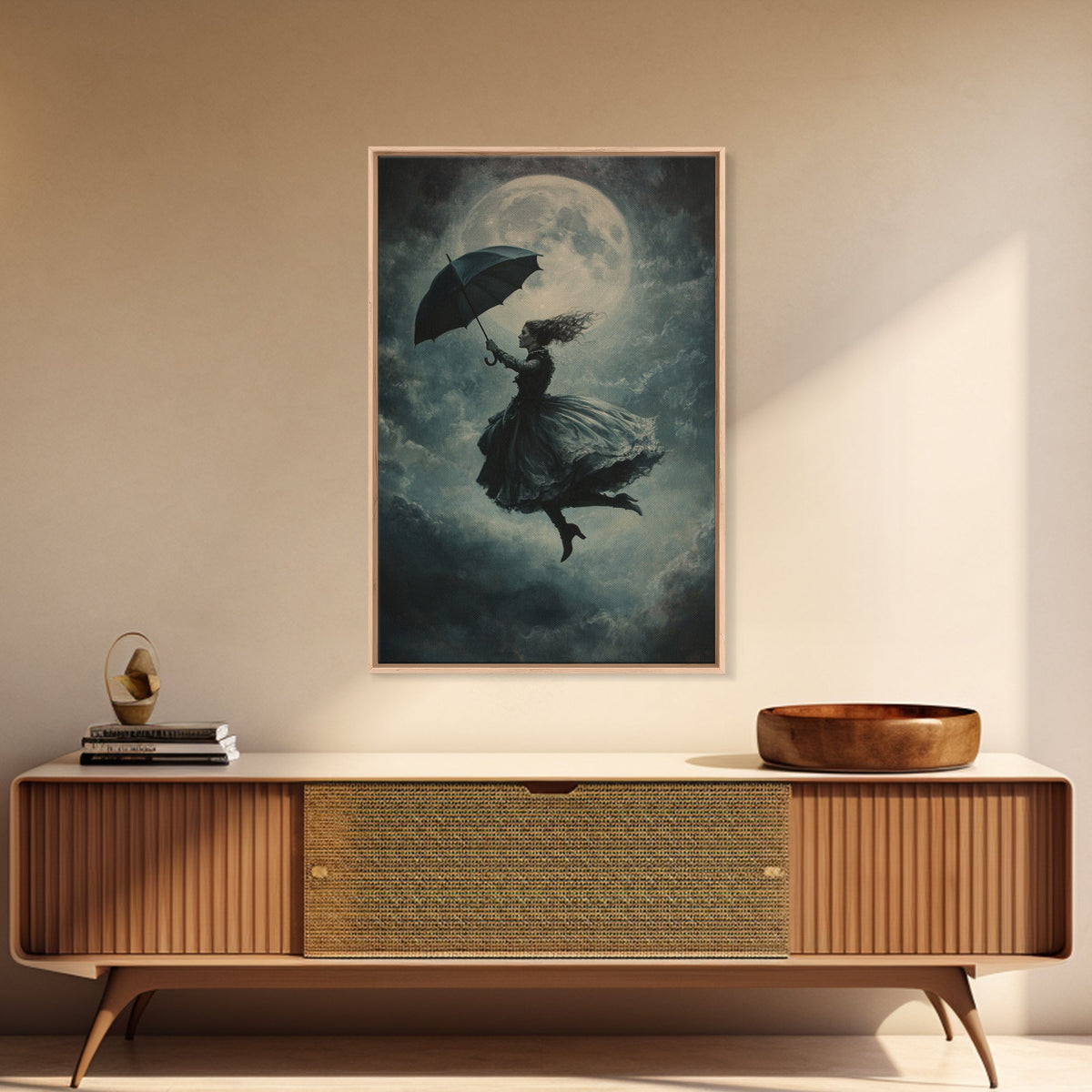 The Witch and her Umbrella Framed Canvas