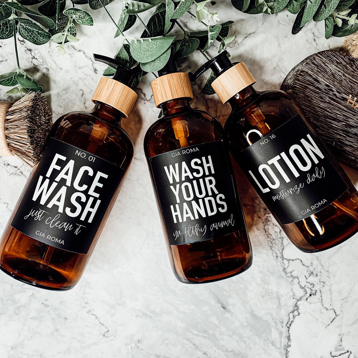16oz Soap Bottles - Glass Amber|Black Label