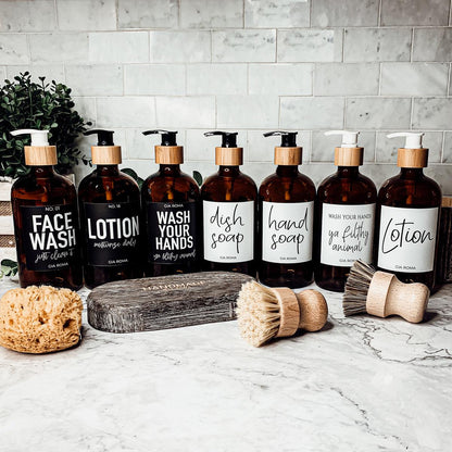 16oz Soap Bottles - Glass Amber|Black Label
