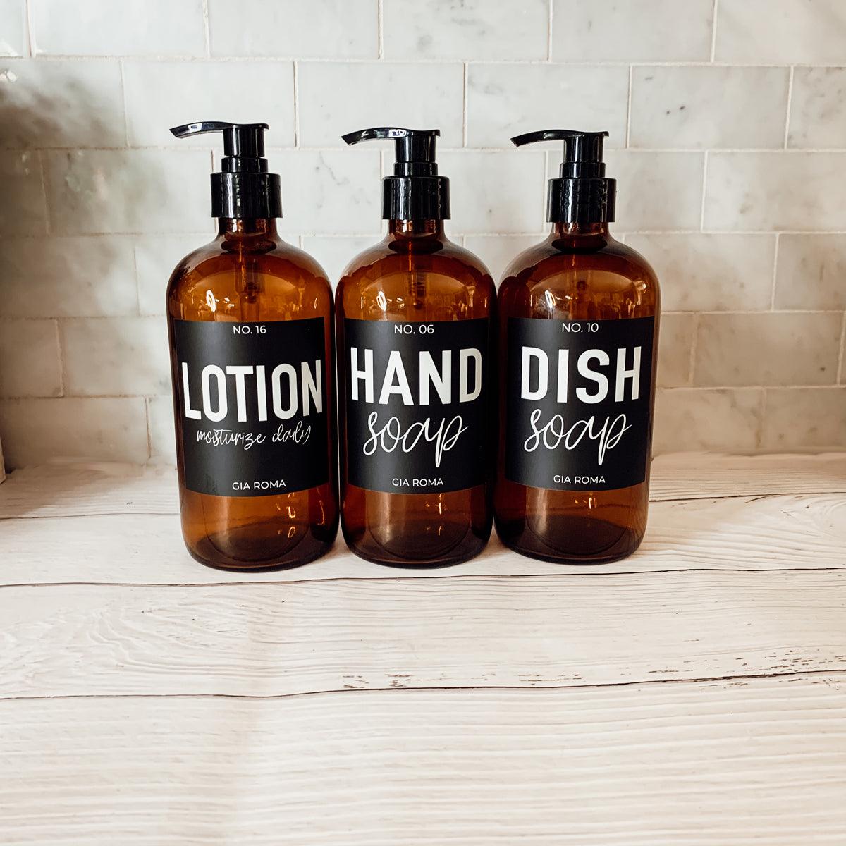 16oz Soap Bottles - Glass Amber|Black Label