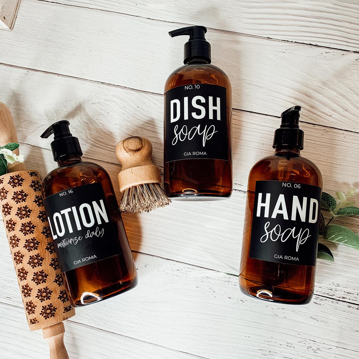 16oz Soap Bottles - Glass Amber|Black Label