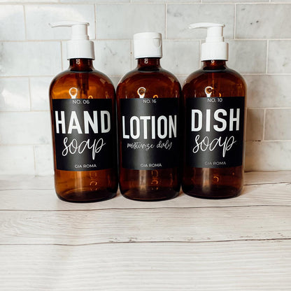 16oz Soap Bottles - Glass Amber|Black Label