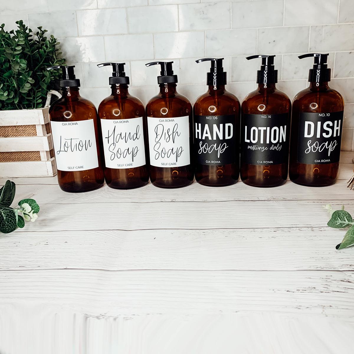 16oz Soap Bottles - Glass Amber|Black Label
