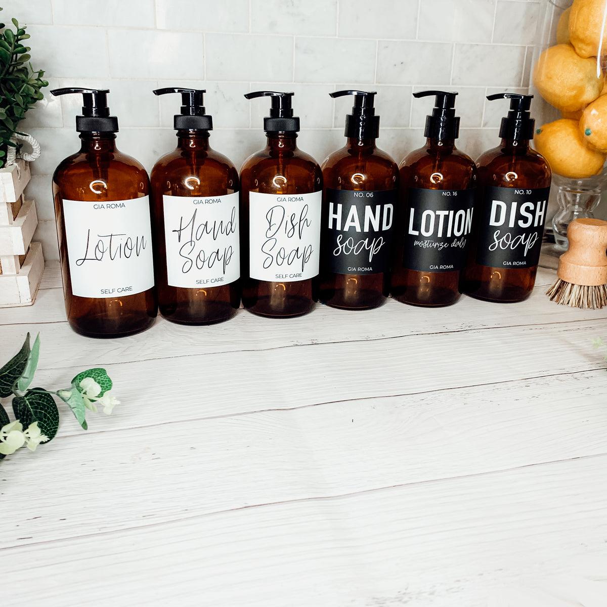 16oz Soap Bottles - Glass Amber|Black Label