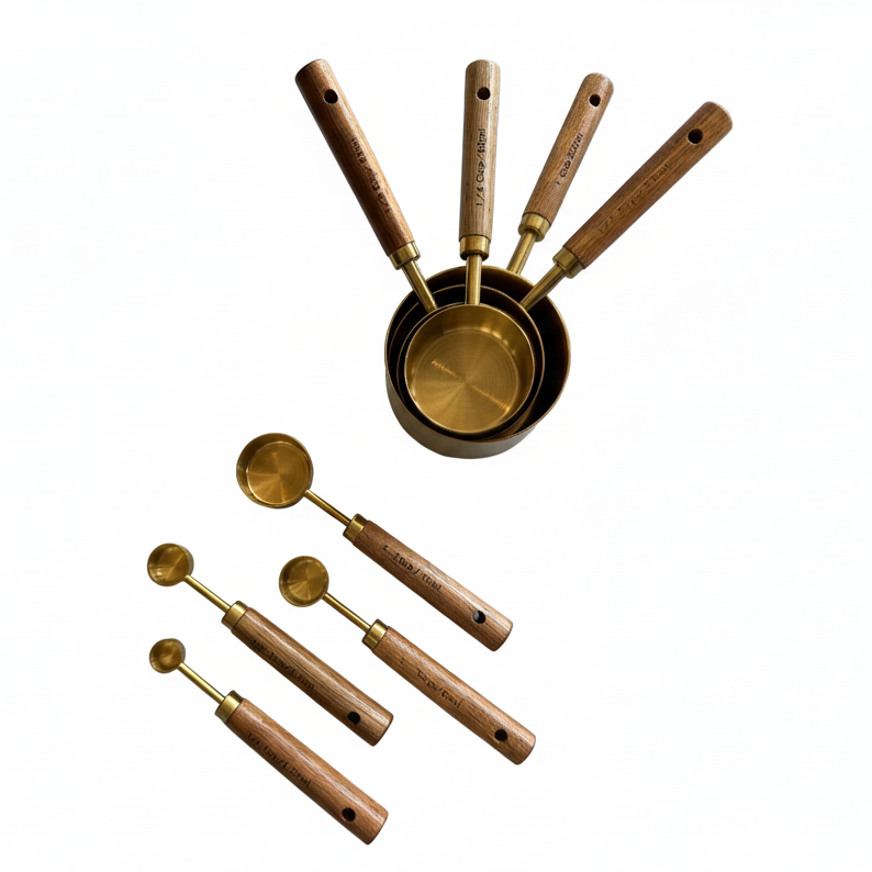 Acacia Wood and Gold Measuring Cups, Set of 8