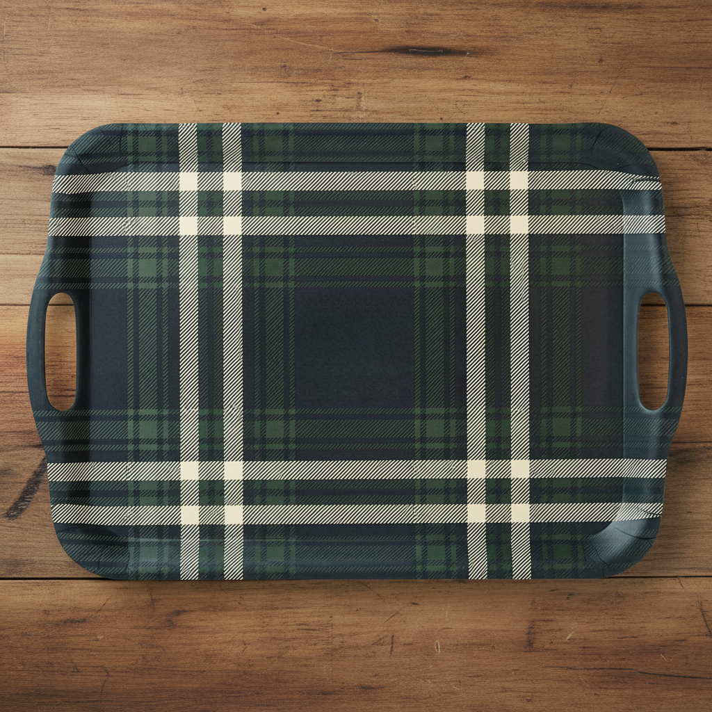 Navy Green Plaid Large Melamine Tray with Handles