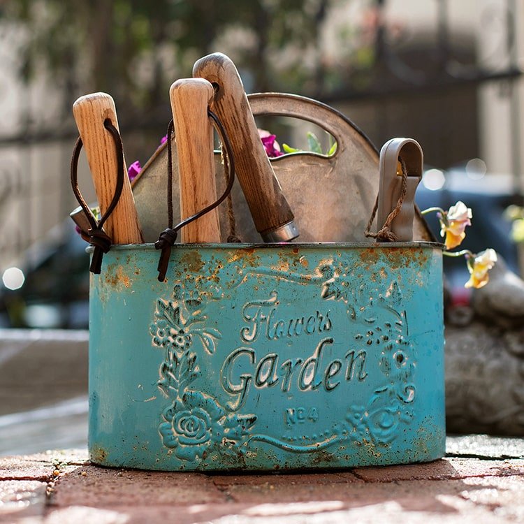 Blue Metal Basket Tool Organizer/Flower Planter