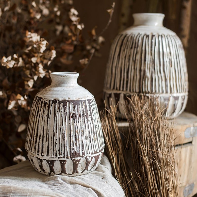 Handcrafted Ceramic Pottery Vase in Cream/Brown - 2 Designs