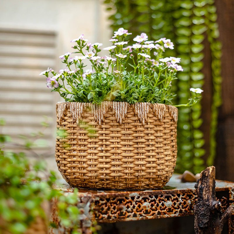 Lady Faux Straw Basket Cement Planters