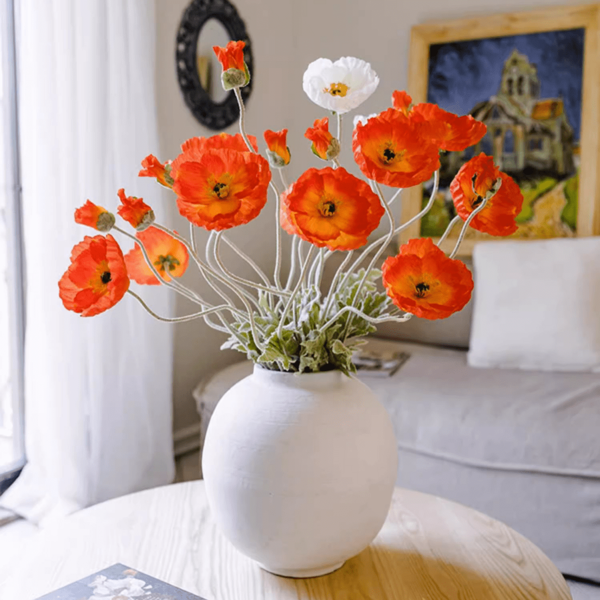 Faux Large Silk Poppy Flower Stem - 41"