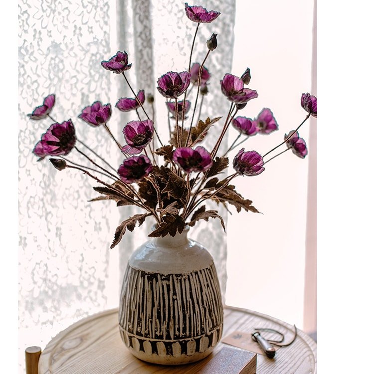 Faux Silk Rustic Poppy Flower Stem in Purple - 23"