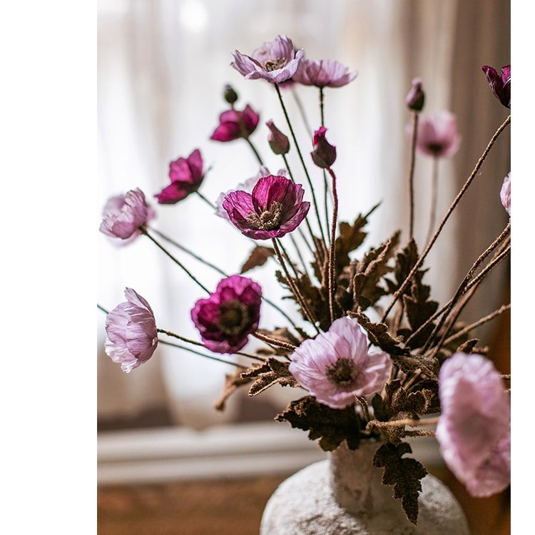 Faux Silk Rustic Poppy Flower Stem in Purple - 23"