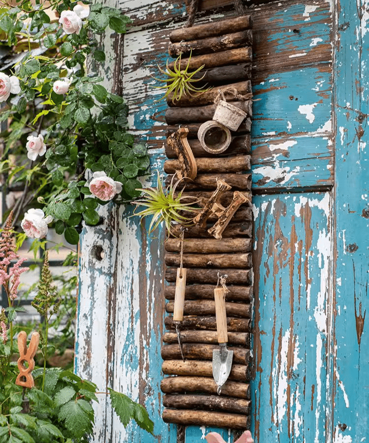 Rustic Wooden Ladder Garden Tool Organizer