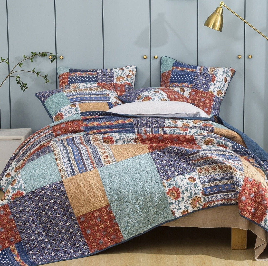 Boho Vibes Mediterranean Blue Patchwork Quilted Bedding