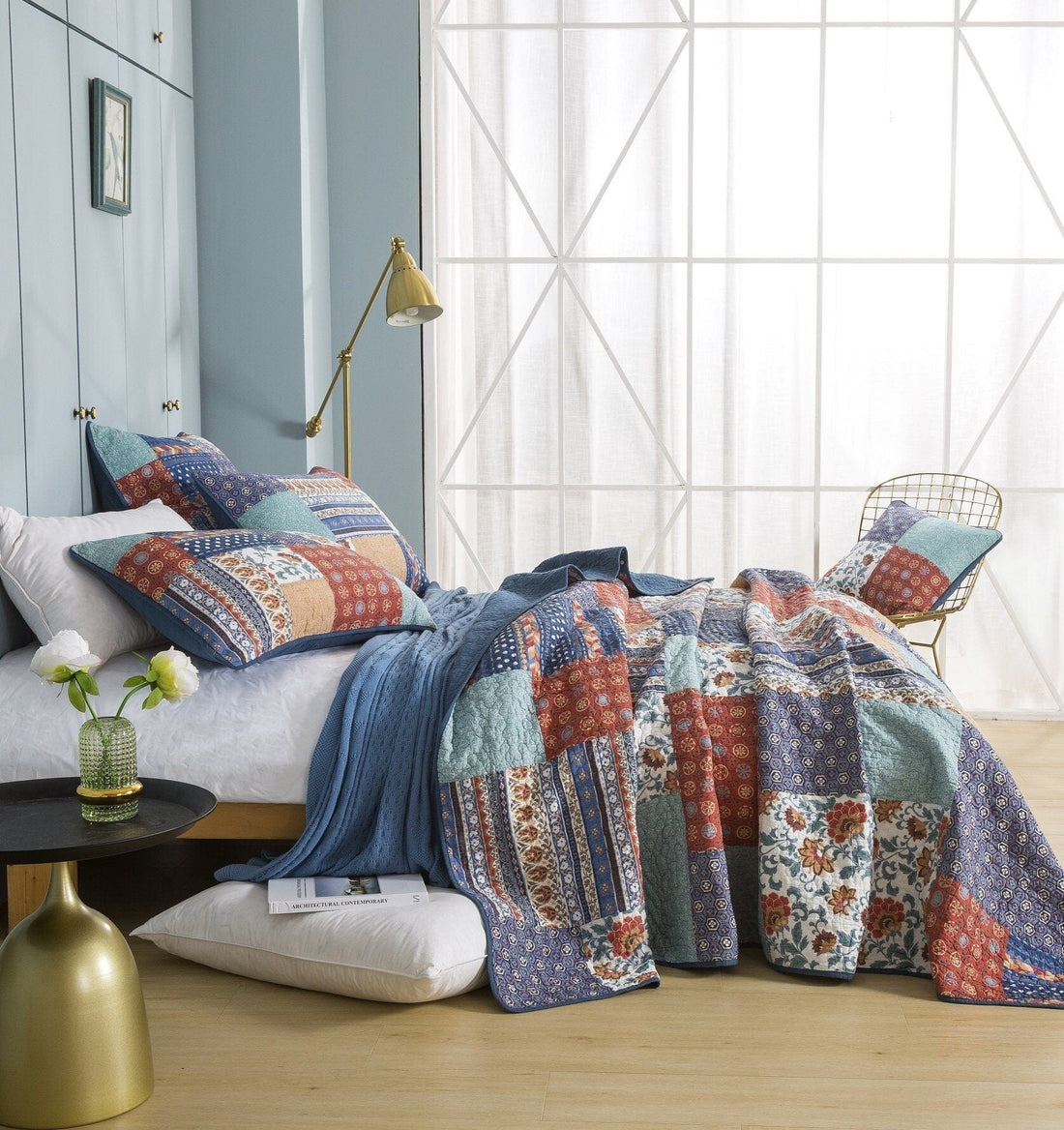 Boho Vibes Mediterranean Blue Patchwork Quilted Bedding
