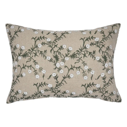 Jameera Linen Floral Throw Pillow Cover -  Olive on Natural