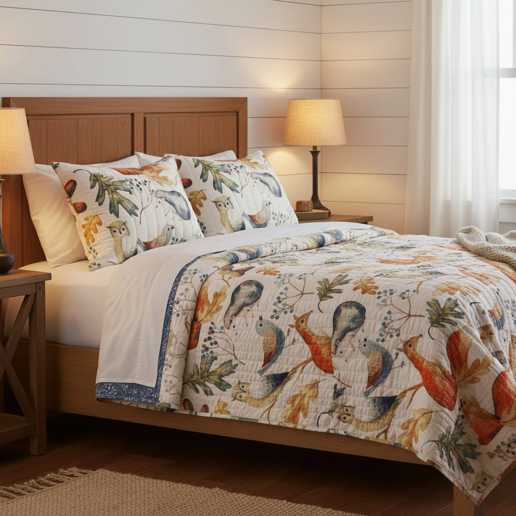 King Size 3 Piece Blue/Beige Birds Floral Reversible Quilt Set